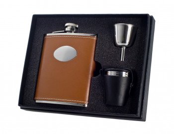 6 oz. Brown Leather Engravable Stainless Steel Flask Gift Set