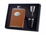 6 oz. Brown Leather Engravable Stainless Steel Flask Gift Set