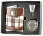 Braw Plaid Cloth Brown Leather Stellar Hip Flask Gift Set - 6 oz.